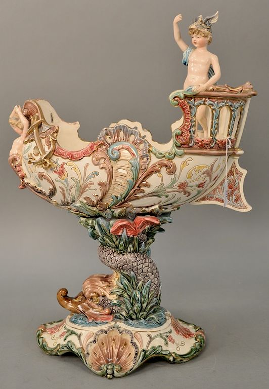 Appraisal: Eichwald Majolica figural centerpiece compote having dolphin support marked Eichwald