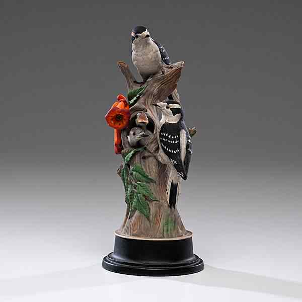 Appraisal: Boehm Downy Woodpeckers American A painted porcelain Boehm sculpture of