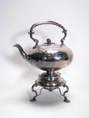 Appraisal: Antique Sheffield silver plate hand chased urn on footed sterno