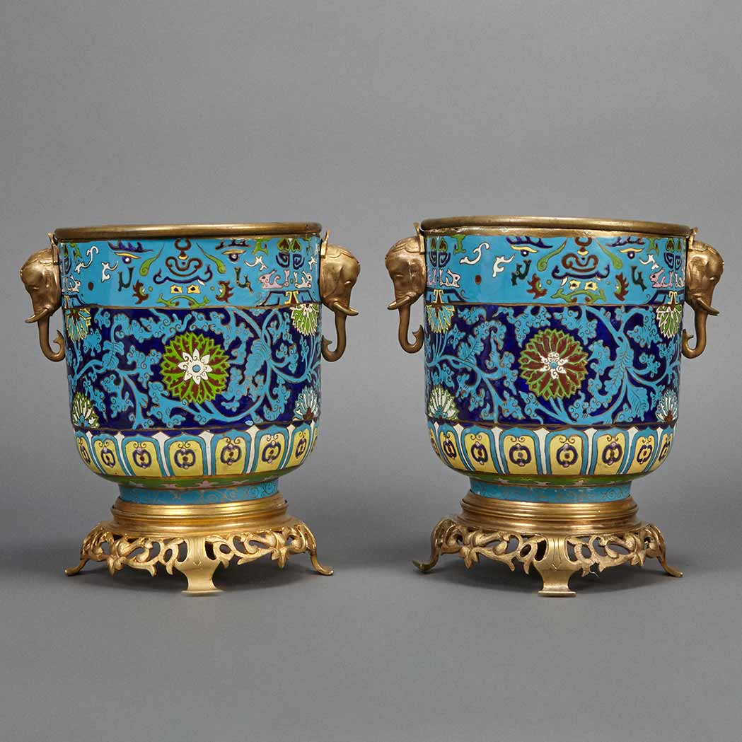 Appraisal: Pair of Gilt-Metal Mounted Faux Cloisonne Enameled Ceramic Jardinieres In