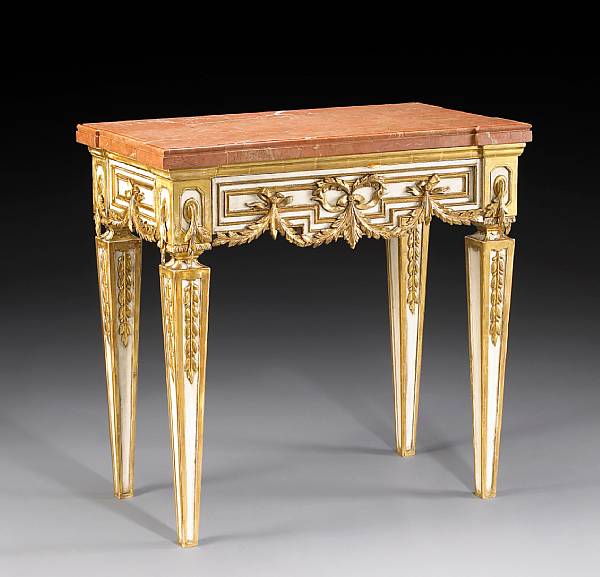 Appraisal: A Louis XVI style painted parcel gilt console table height