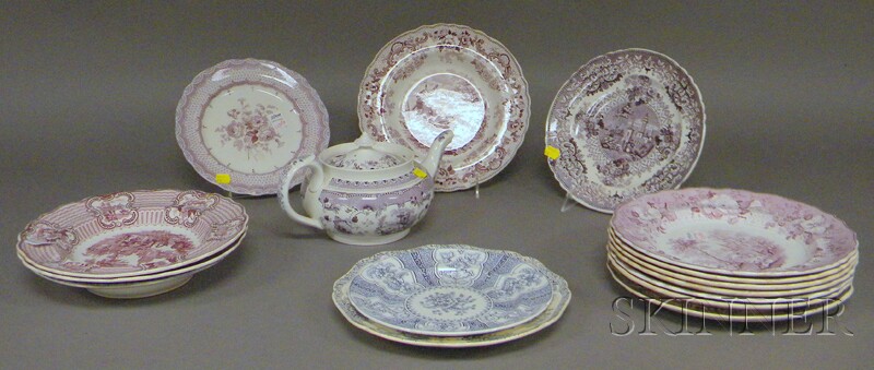 Appraisal: Sixteen Pieces of English Magenta Transfer-decorated Staffordshire Tableware including a