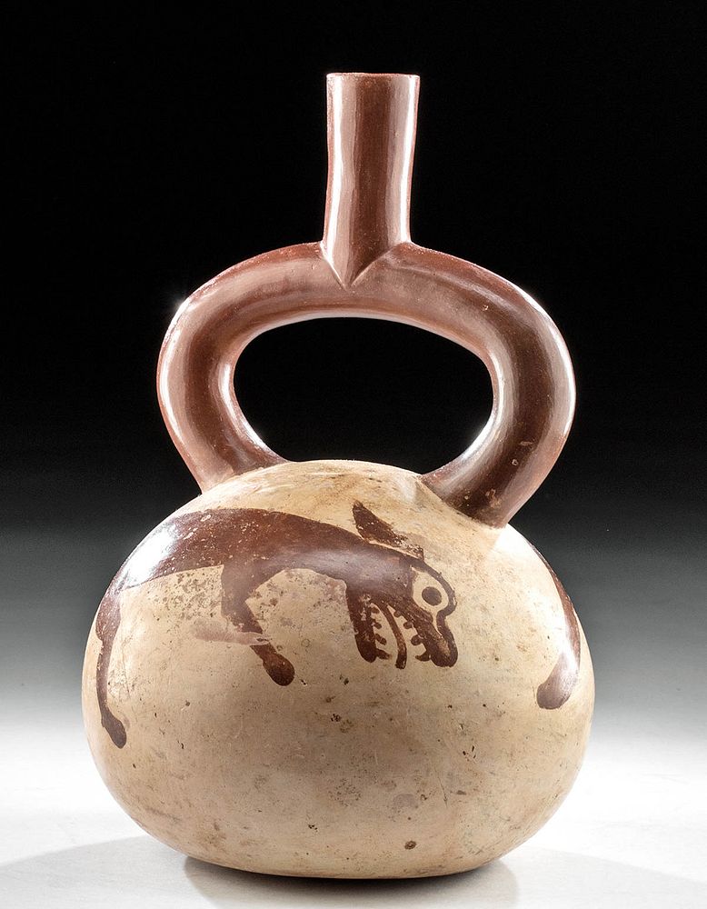 Appraisal: Moche Bi-chrome Stirrup Jar with Running Fox Originally Listed At