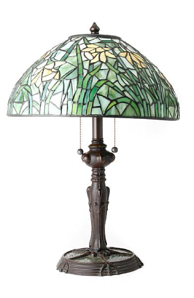 Appraisal: A leaded glass and patinated-metal daffodil lamp together with another