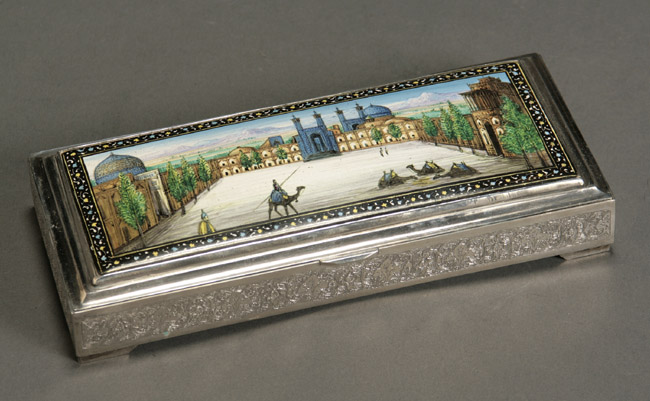 Appraisal: Persian Enamel Mounted Silver Box Mid- th Century The rectangular