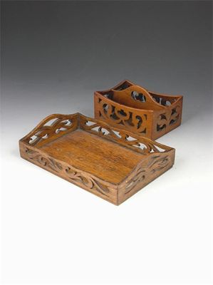 Appraisal: A th century oak letter tray with pierced wavy edge