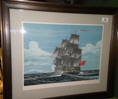 Appraisal: Large Framed and Mounted Print Landfall Tahiti by the Franklin