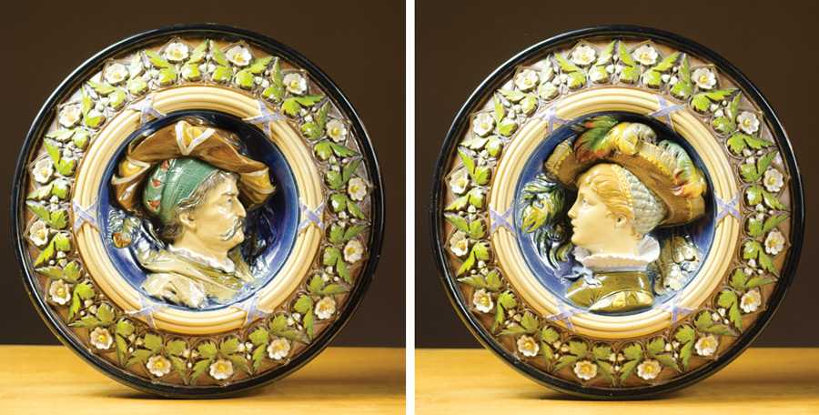 Appraisal: PAIR GERMAN MAJOLICA WALL PLAQUES th c each depicting a