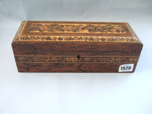 Appraisal: A Tunbridge ware glove box with red silk interior cm