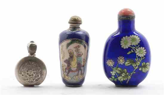 Appraisal: Three Snuff Bottles one enameled porcelain of cylindrical tapering form