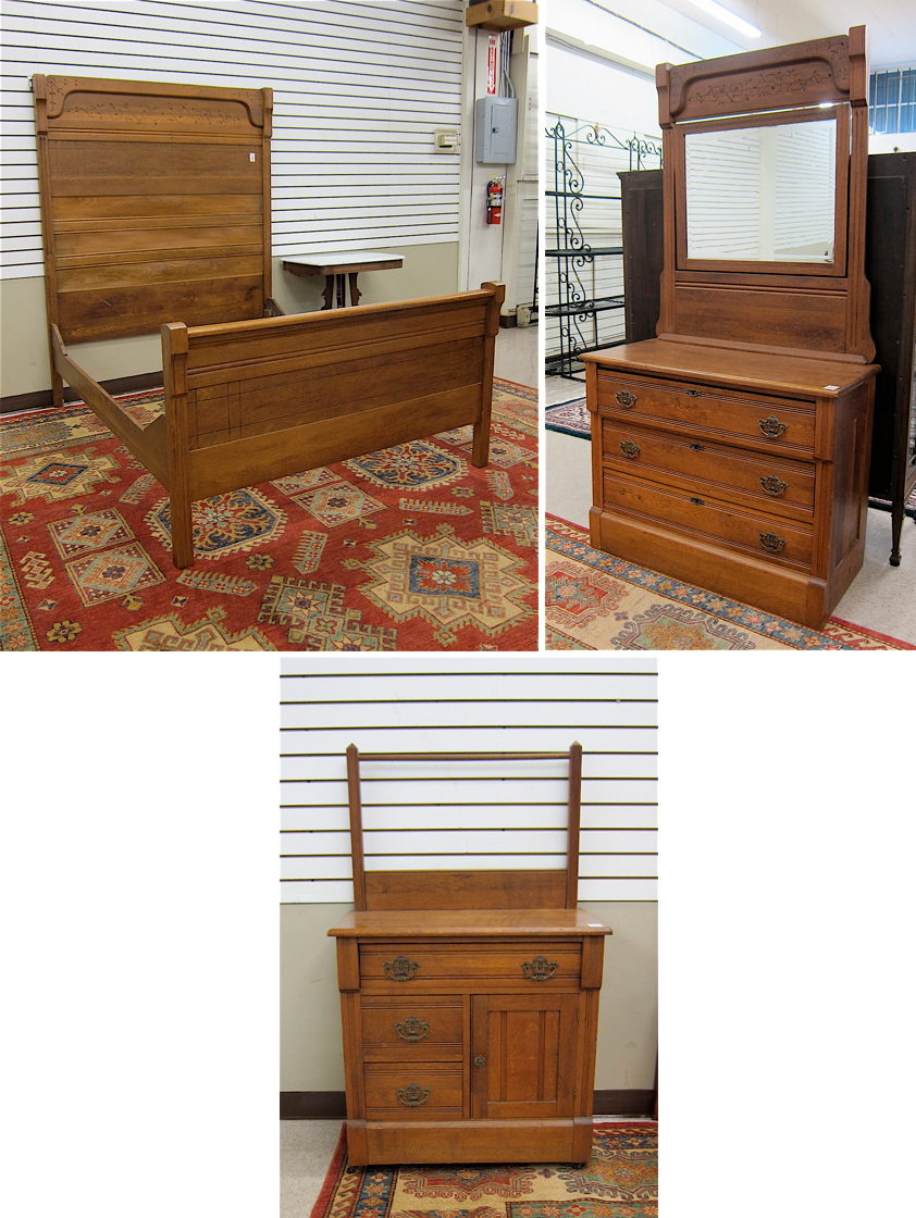 Appraisal: THREE-PIECE LATE VICTORIAN OAK BEDROOM FURNITURE SET American c comprising