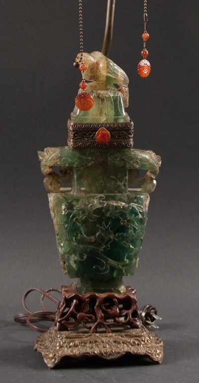 Appraisal: Chinese gilt-metal-mounted carved green quartz urn mounted as a lamp