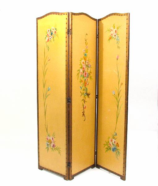 Appraisal: A French paint decorated three panel leather screen height ft