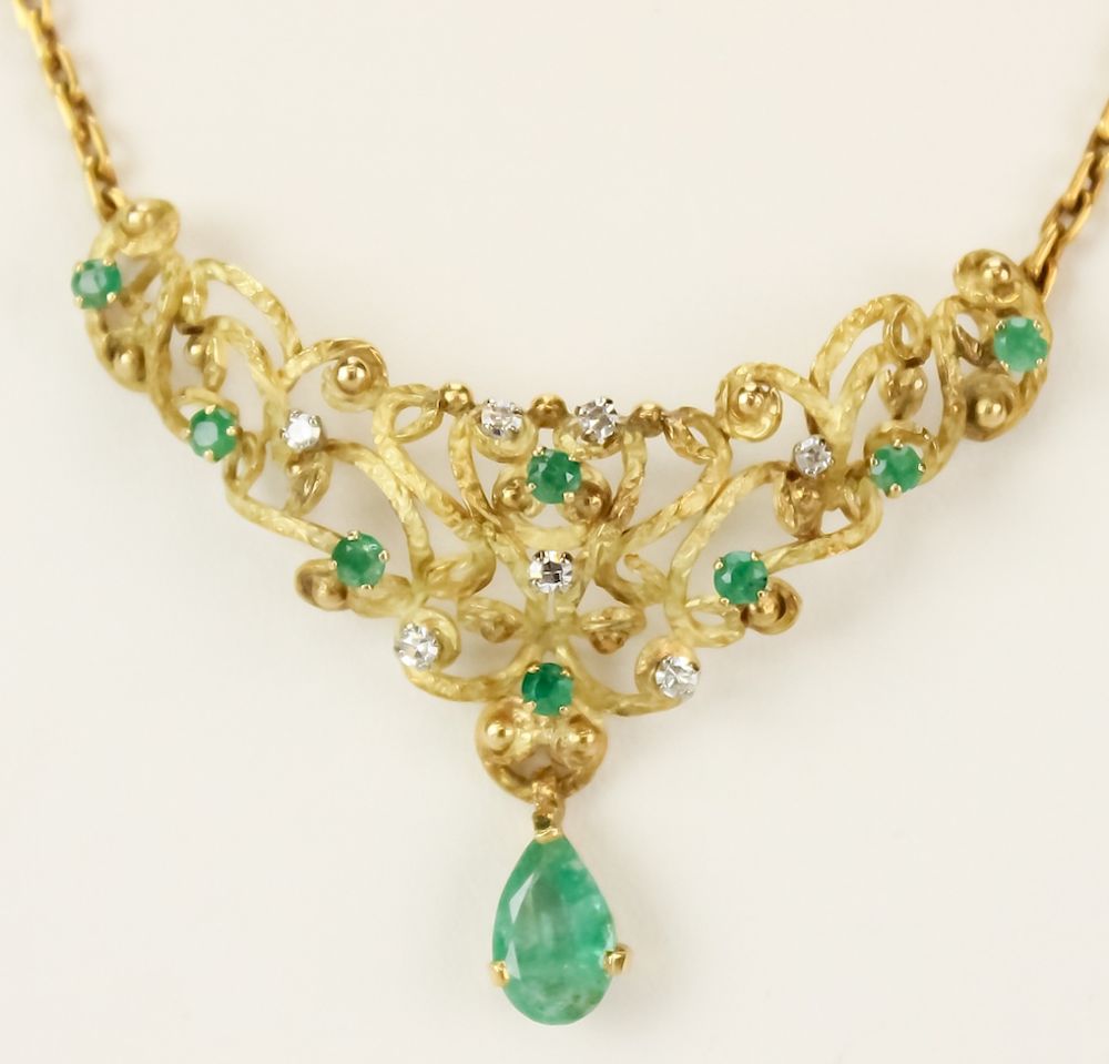 Appraisal: k Gold Emerald Diamond Pear Drop Necklace Ladies designer style