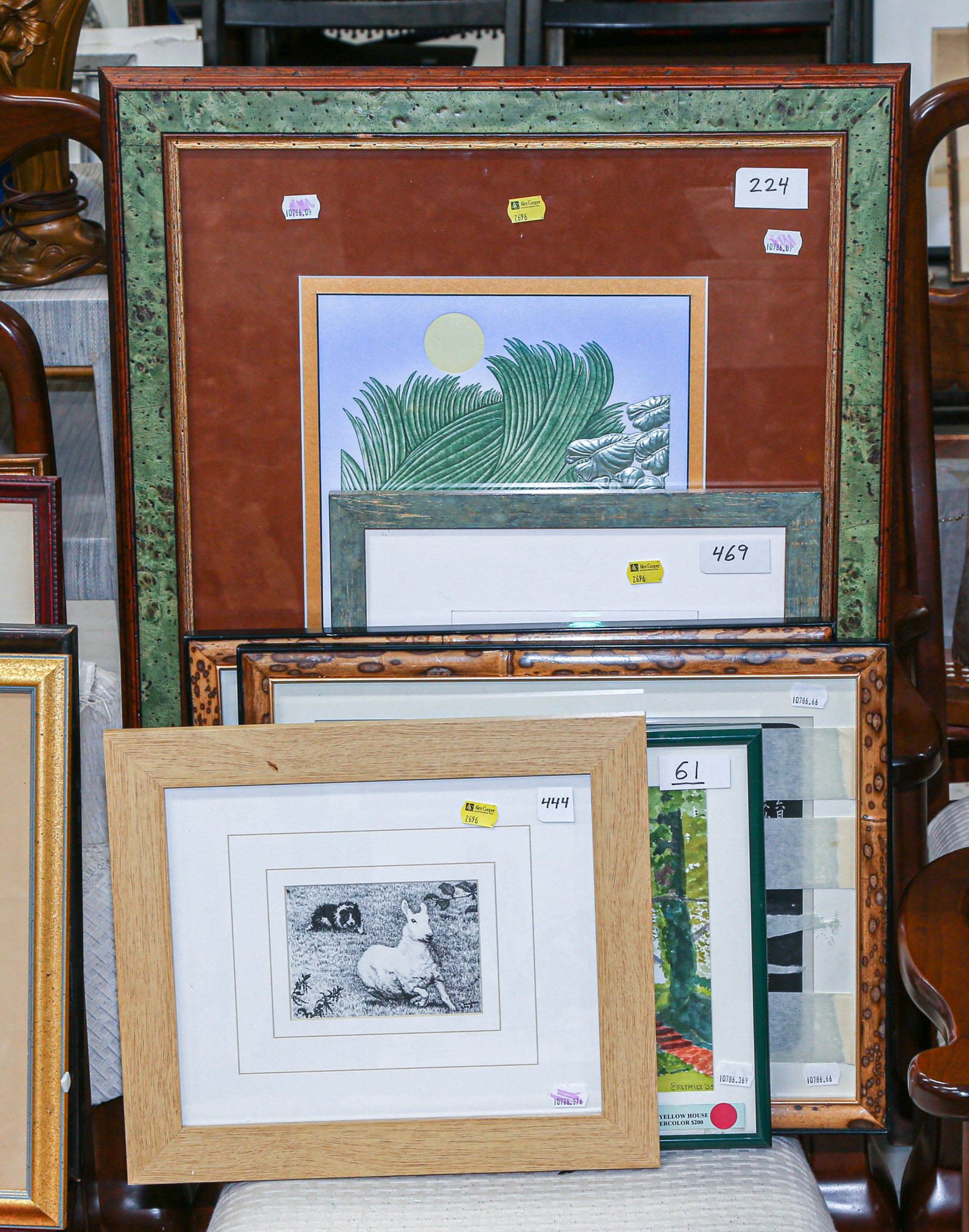 Appraisal: SIX ASSORTED FRAMED ARTWORKS Including prints and watercolors by Jane