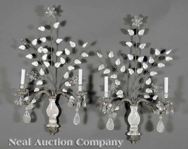 Appraisal: A Pair of Louis XVI-Style Rock Crystal Two-Light Sconces in