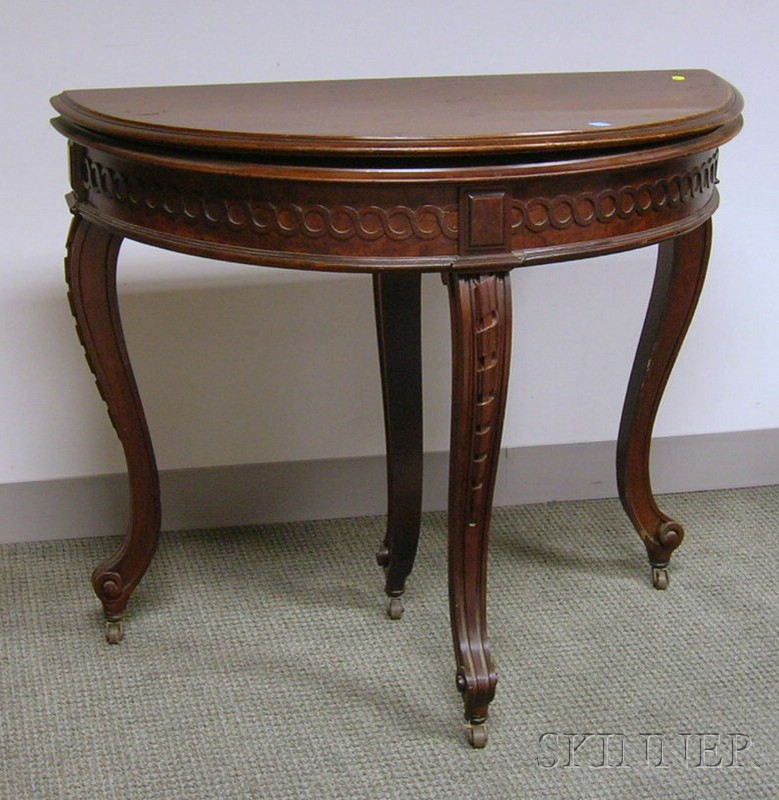 Appraisal: Rococo Revival Carved Mahogany and Burl Veneer Demilune Games Table