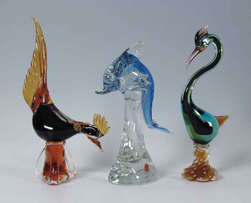 Appraisal: GROUP OF MURANO GLASS BIRDS AND DOLPHIN Sommerso technique exotic