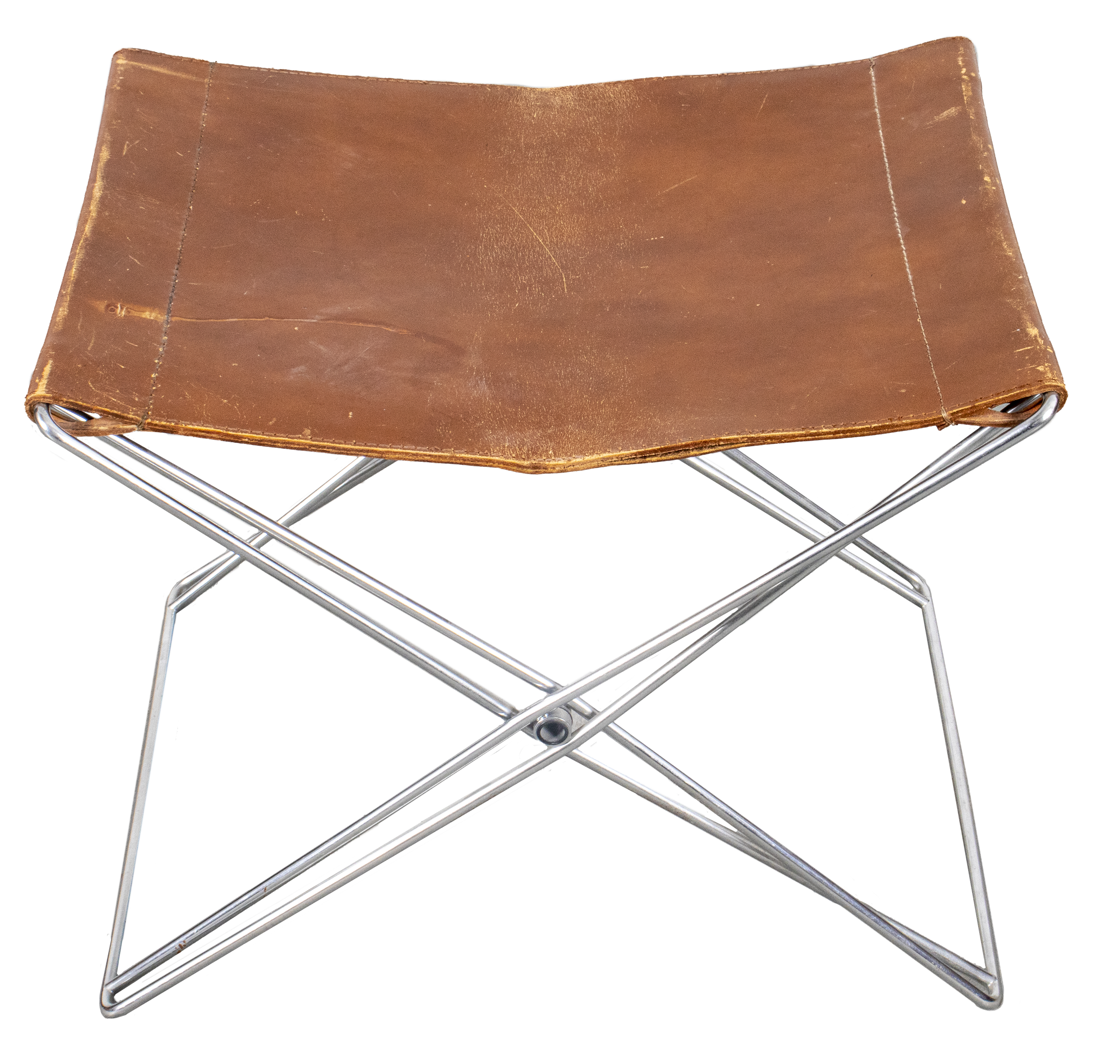 Appraisal: MODERN METAL LEATHER FOLDING STOOL Modern metal folding stool with