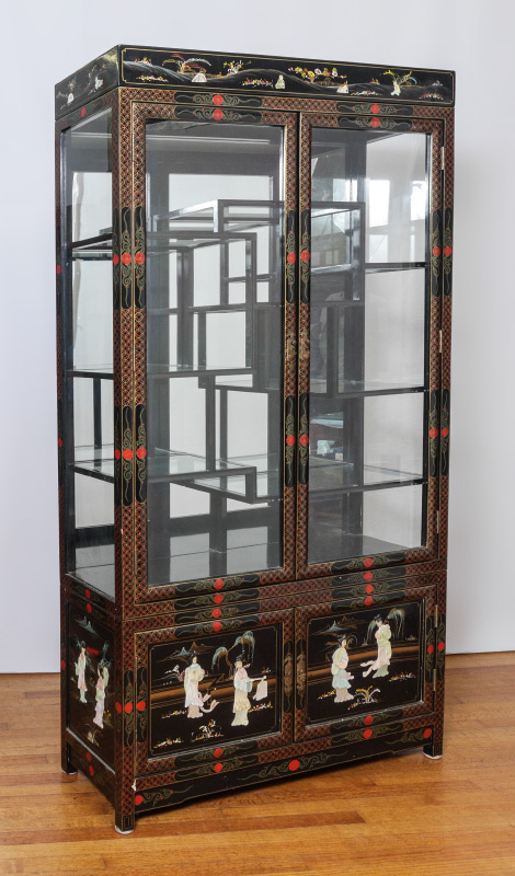 Appraisal: CHINOISERIE ETAGERE DISPLAY CABINET Paint decorated over lacquer with applied