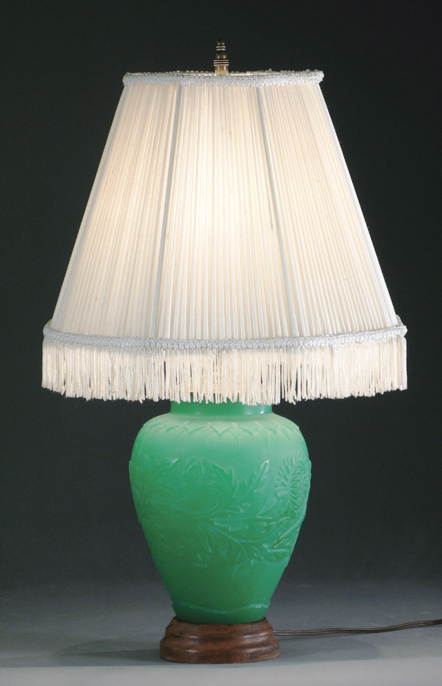 Appraisal: STEUBEN JADE GREEN TABLE LAMP The acid cut chrysanthemum pattern