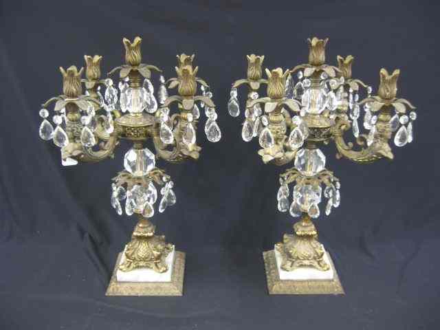 Appraisal: Pair of Bronzed Crystal Candelbra five light marble at base