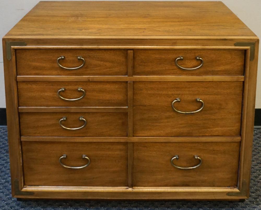 Appraisal: THOMASVILLE CAMPAIGN STYLE BRASS MOUNTED BURLWOOD CHEST OF DRAWERS X