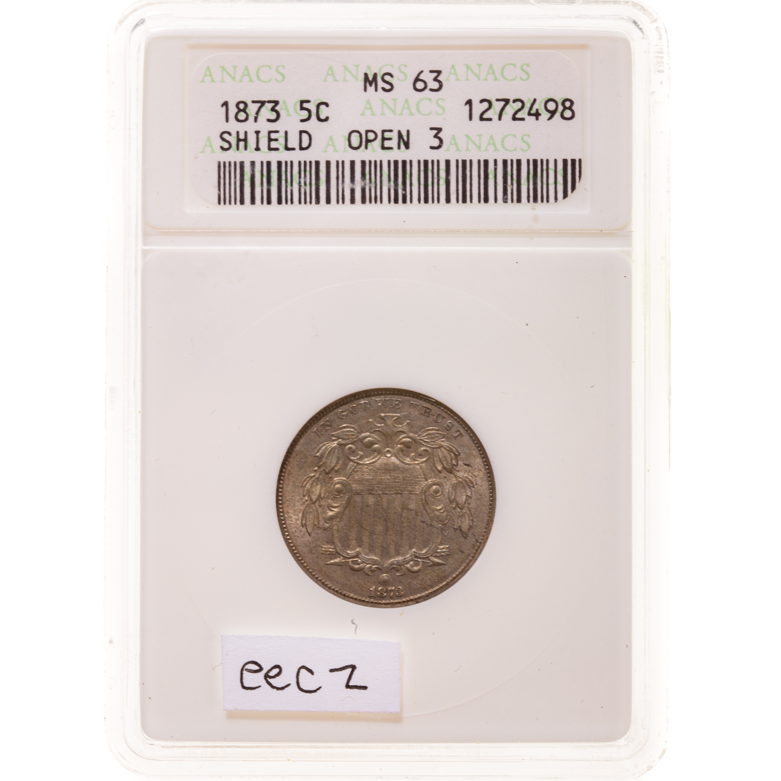 Appraisal: OPEN SHIELD NICKEL ANACS MS Fully lustrous Reverse stars are