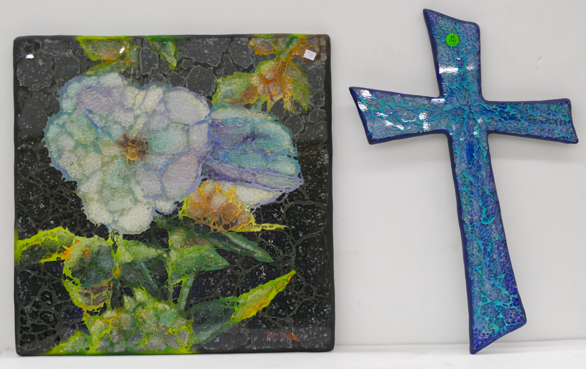 Appraisal: pc TemperTemper Mosaic Glass Floral Panel and Cross '' and