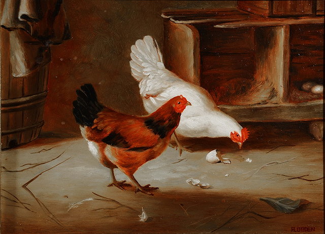 Appraisal: A Ogden th Century Two chickens in a barn signed