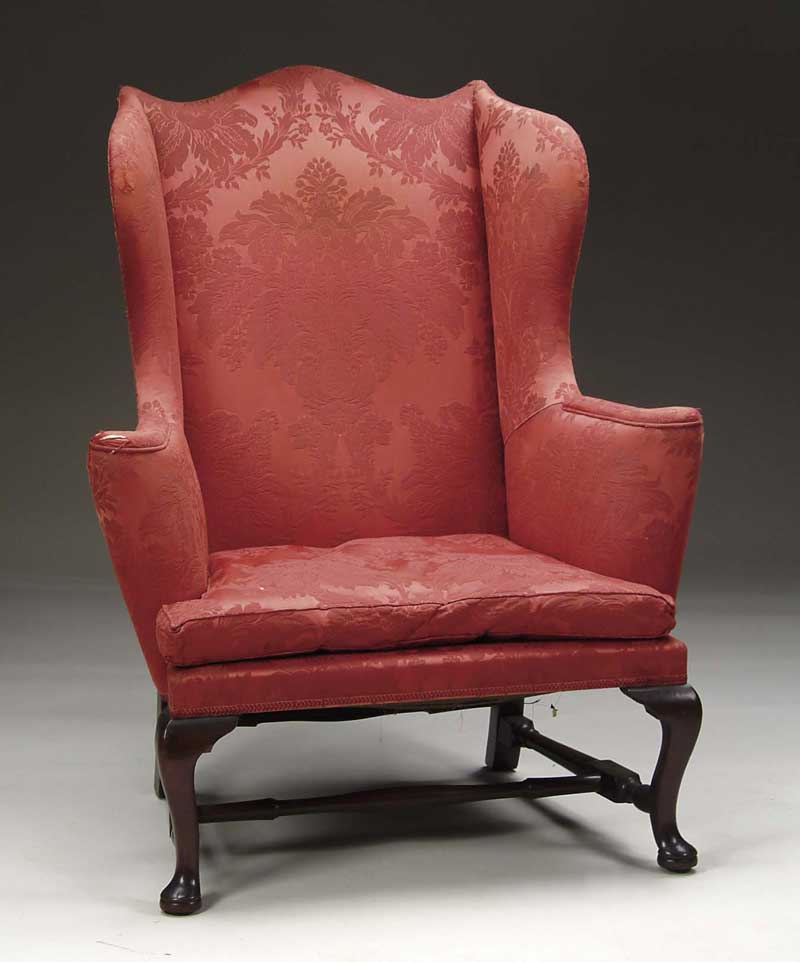 Appraisal: QUEEN ANNE WINGBACK EASY CHAIR Colonial style wingback Mid th