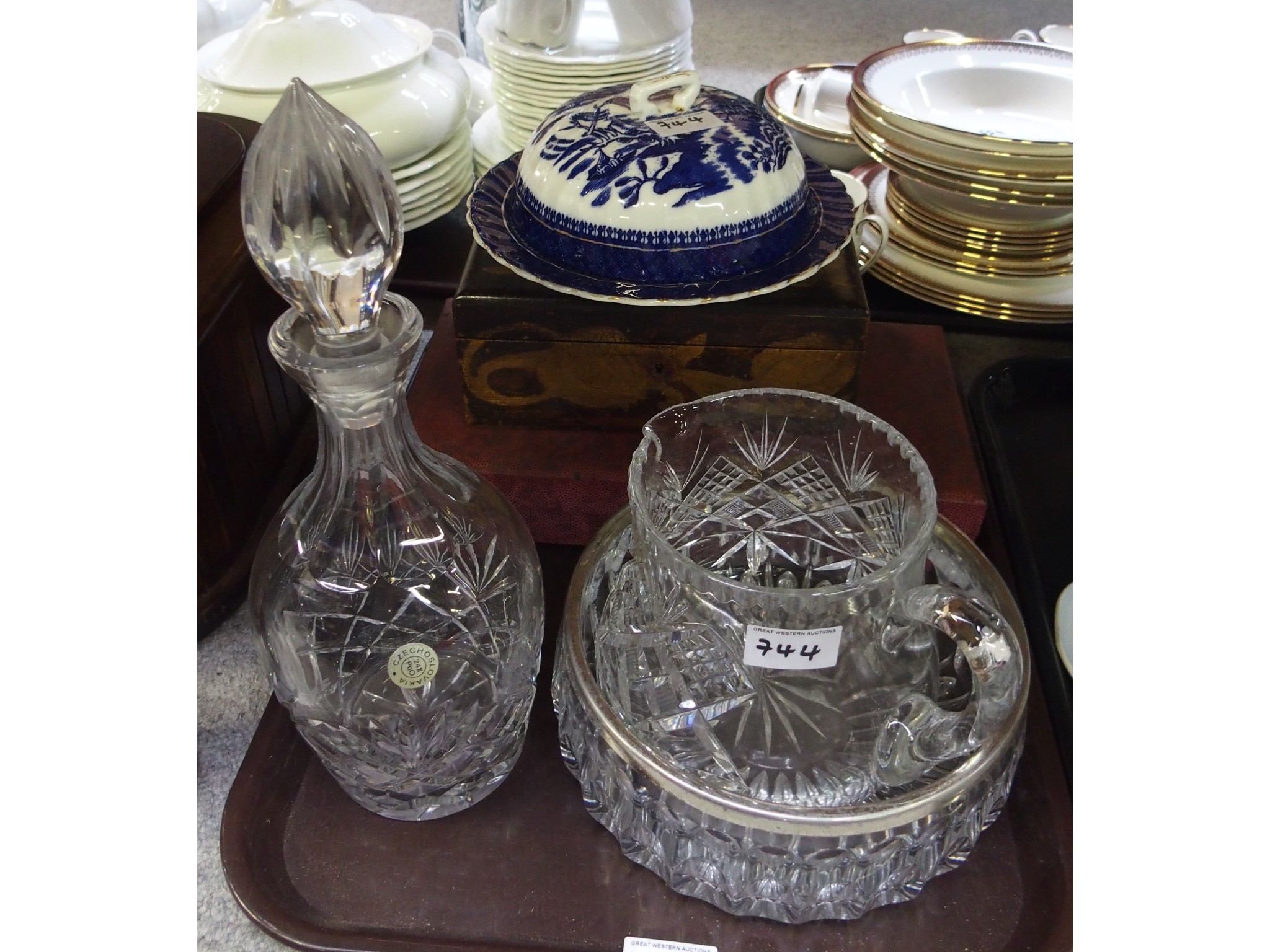 Appraisal: Tray comprising blue and white porcelain covered dish mahogany inlaid