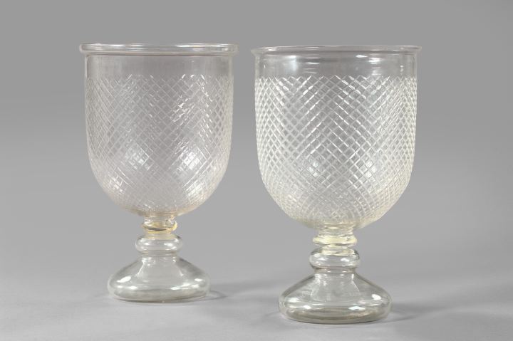 Appraisal: Monumental Pair of Blown and Lattice-Cut Glass Footed Vases in