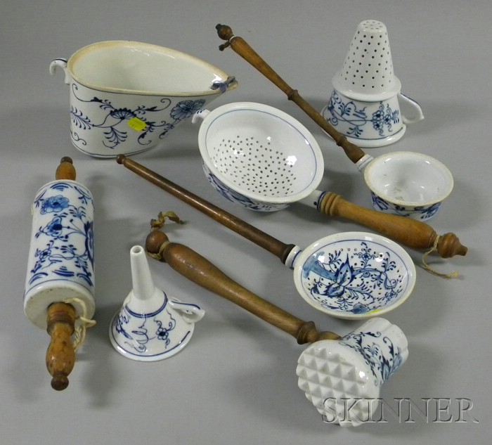 Appraisal: Eight German Blue and White Meissen-style Decorated Porcelain Kitchen Items