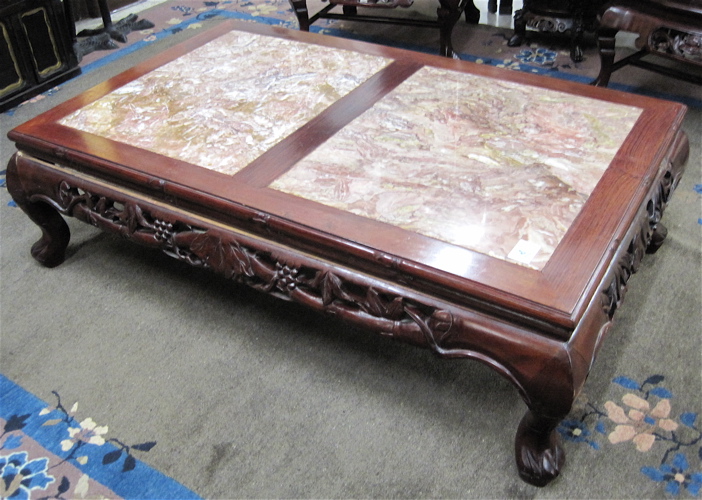 Appraisal: MARBLE AND CARVED ROSEWOOD COFFEE TABLE Chinese th century the