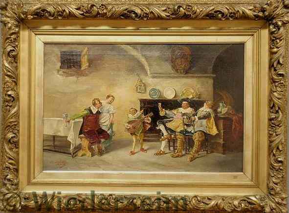 Appraisal: Oil on canvas tavern scene with a lute player and