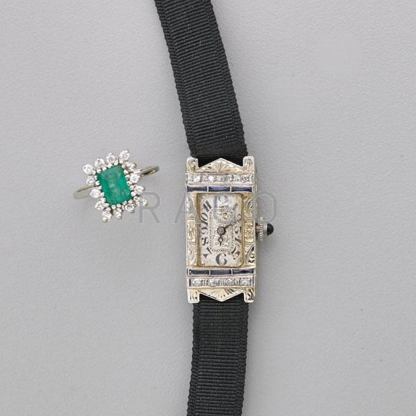 Appraisal: EMERALD DIAMOND RING AND SAPPHIRE DIAMOND WATCH Condition Report