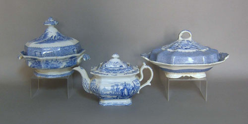 Appraisal: Two blue transfer ironstone covered tureens together with a teapot