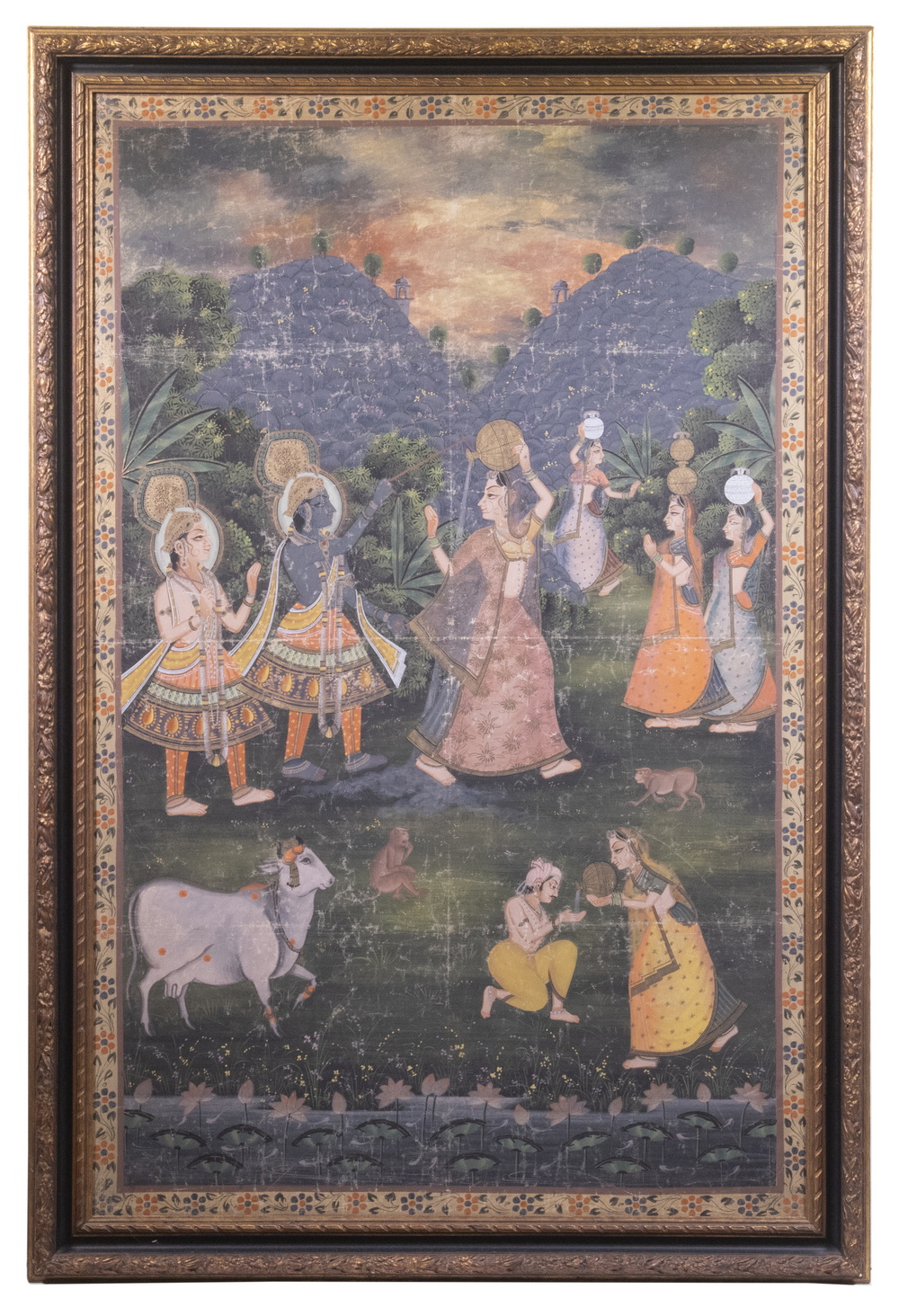 Appraisal: FRAMED INDIAN THANGKA WITH COW Lakshmi and Vishnu with the