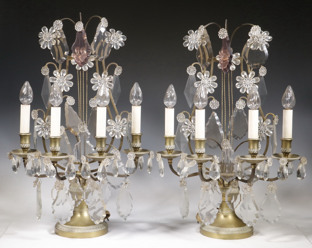 Appraisal: PR OF ELECTRIFIED MANTEL LUSTRES Four-Stemmed Electrified Candleholders in Brass