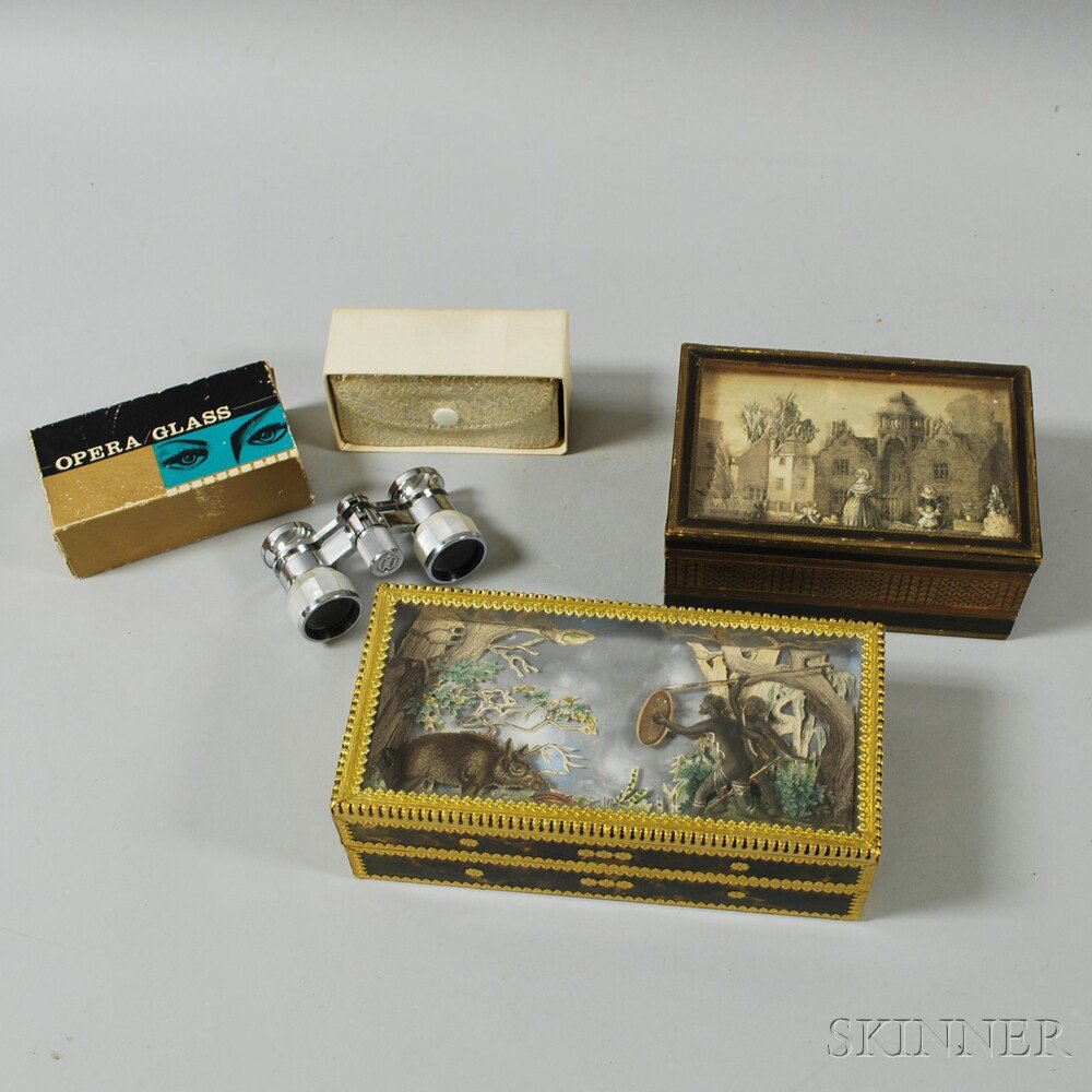 Appraisal: Two Small Shadow Boxes and a Cased Pair of Opera