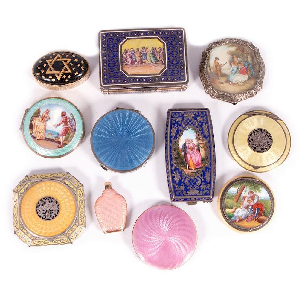 Appraisal: Collection of Nine Sterling and Enamel Compacts plus Pi Compacts