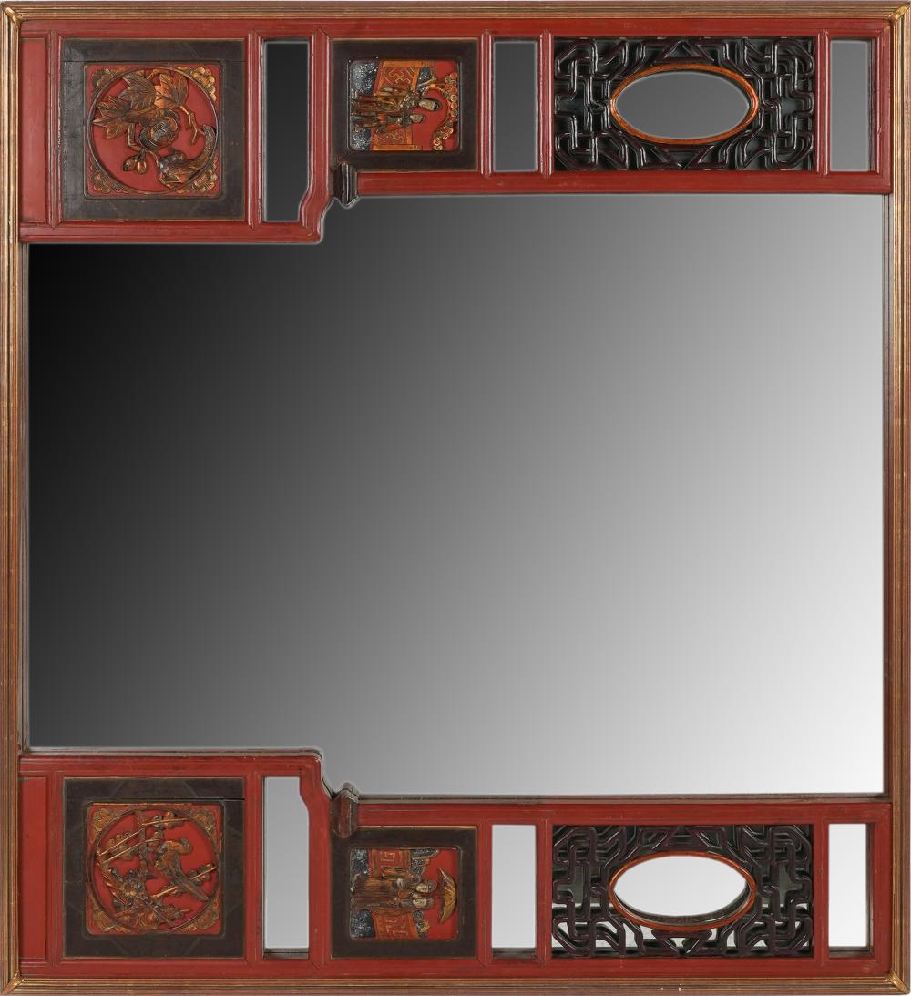 Appraisal: CHINESE PAINTED LACQUERED MIRRORwith inset carved panels x inches Condition