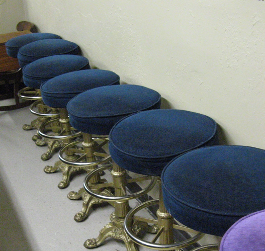 Appraisal: A SET OF SEVEN BAR STOOLS each with circular blue