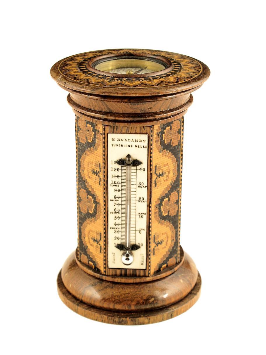 Appraisal: A th century Tunbridgeware desk pillar box thermometer compass