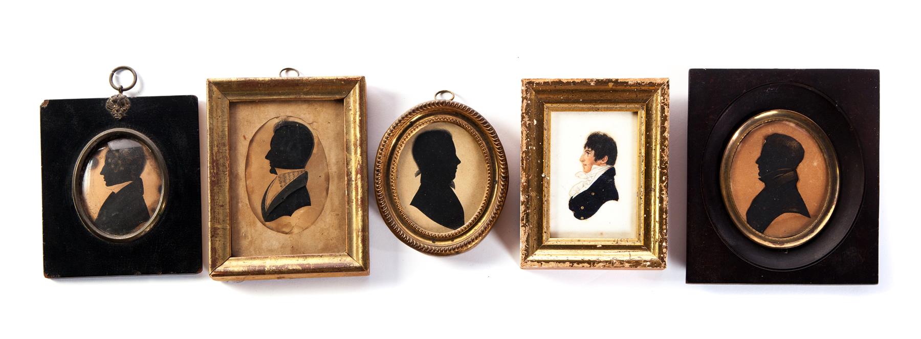 Appraisal: FOUR SILHOUETTES AND A MINIATURE PORTRAIT OF GENTLEMEN American and