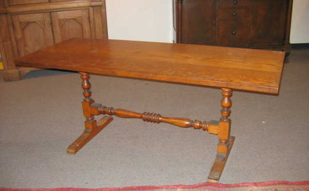 Appraisal: WALLACE NUTTING OAK TRESTLE TABLE Rectangular top on twin turned