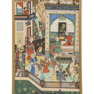 Appraisal: A Persian Painted Panel of Court Figures on a Veranda