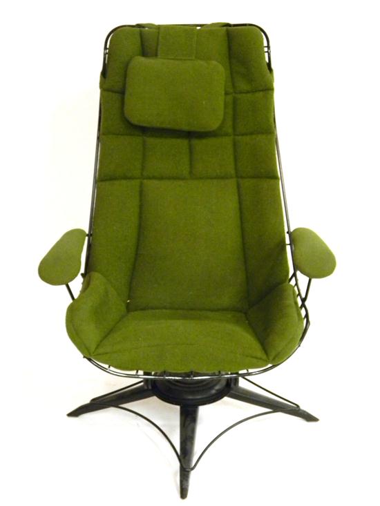 Appraisal: Eames-style recliner chair with original green cover unmarked wire basket