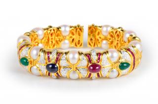 Appraisal: Gem Stone Pearl Gold Bangle K yellow gold bangle with